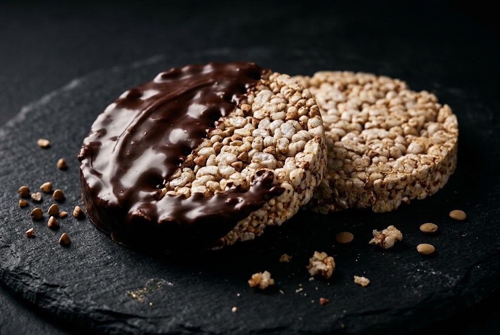 Chocolate-coated rice cake.
